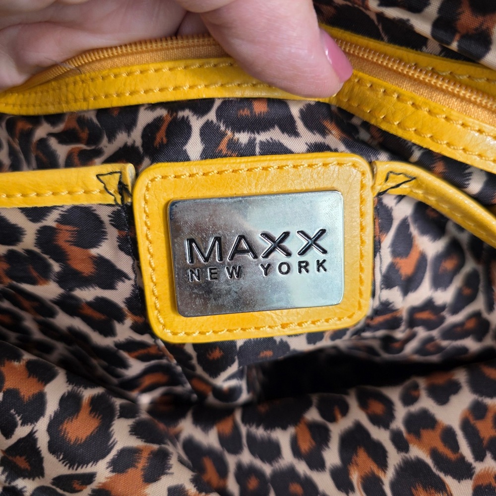 Maxx New York Large Shoulder Bag Bright Yellow‎ Faux Leather Leopard Lining - Picture 10 of 13